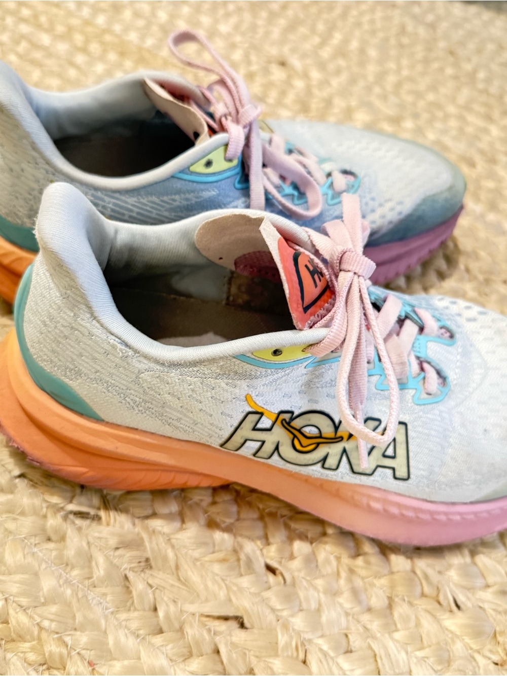 Hoka Kids Pastel Multicolor Sneakers - Pink, Peach, Aqua, Yellow size 4 - Picture 9 of 14